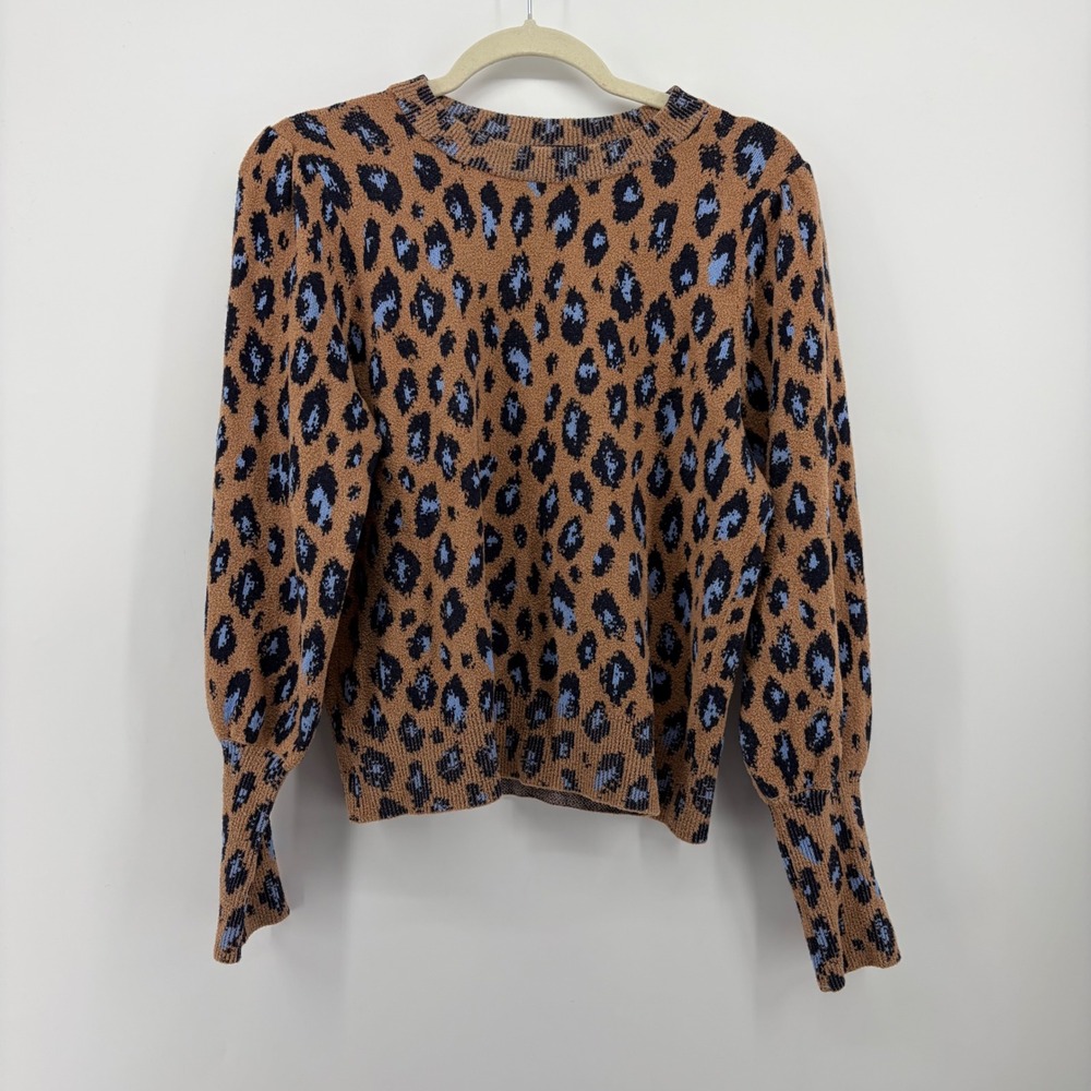 Ann Taylor Womens M Brown Leopard Print Puff Sleeve Crewneck Sweater